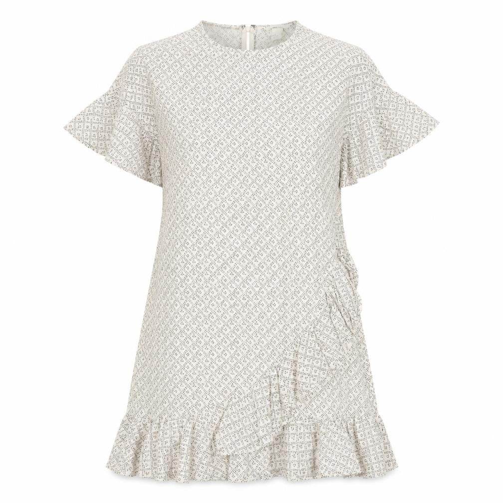 H&M Womens Beige Geometric Cotton A-Line Size 12 Round Neck Zip - Ruffle Detail