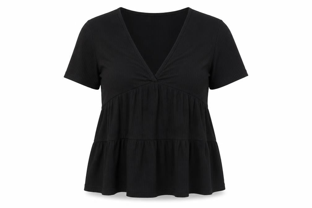 Front view of ASOS women’s black viscose basic t-shirt, size UK 4, v-neck - ribbed, flare