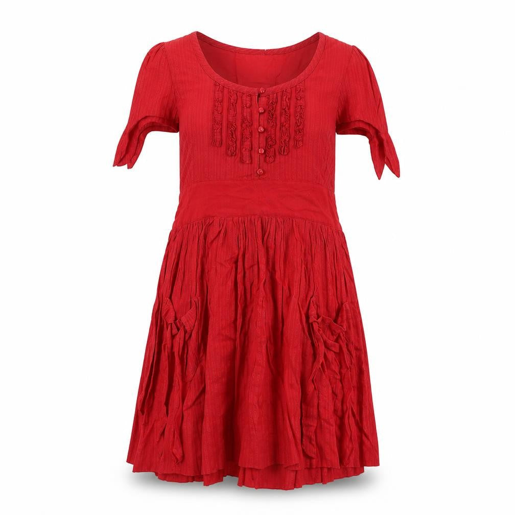 Front view of Miss Selfridge women’s red striped cotton a-line, size UK 12, round neck zip - tie detail