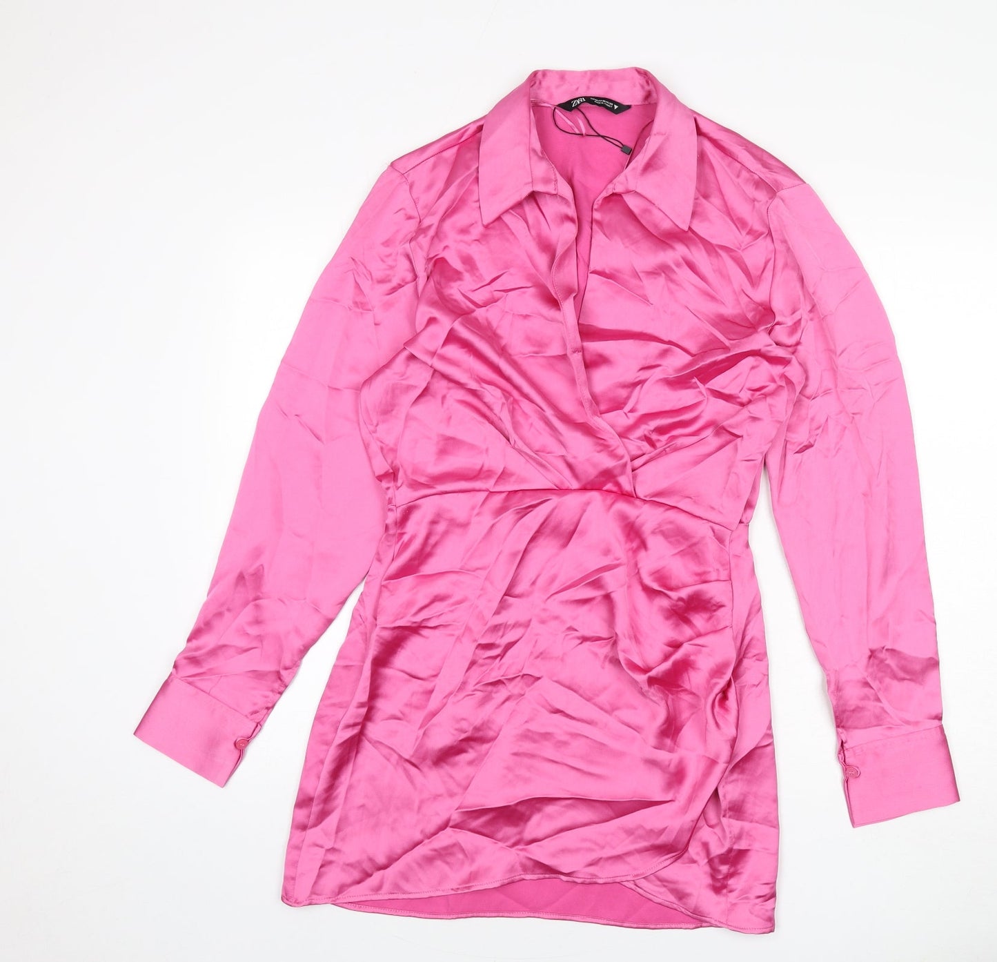 Zara Womens Pink Polyester Shirt Dress Size M Collared Zip