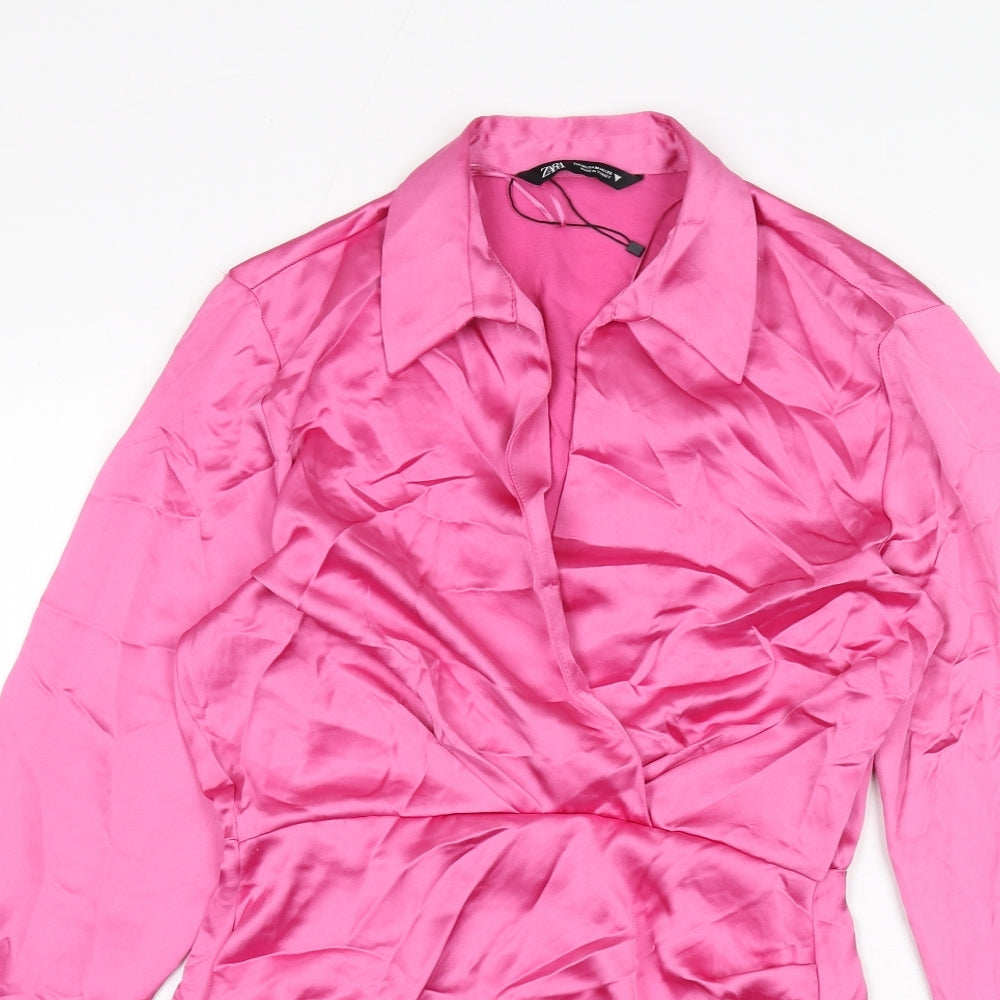 Zara Womens Pink Polyester Shirt Dress Size M Collared Zip