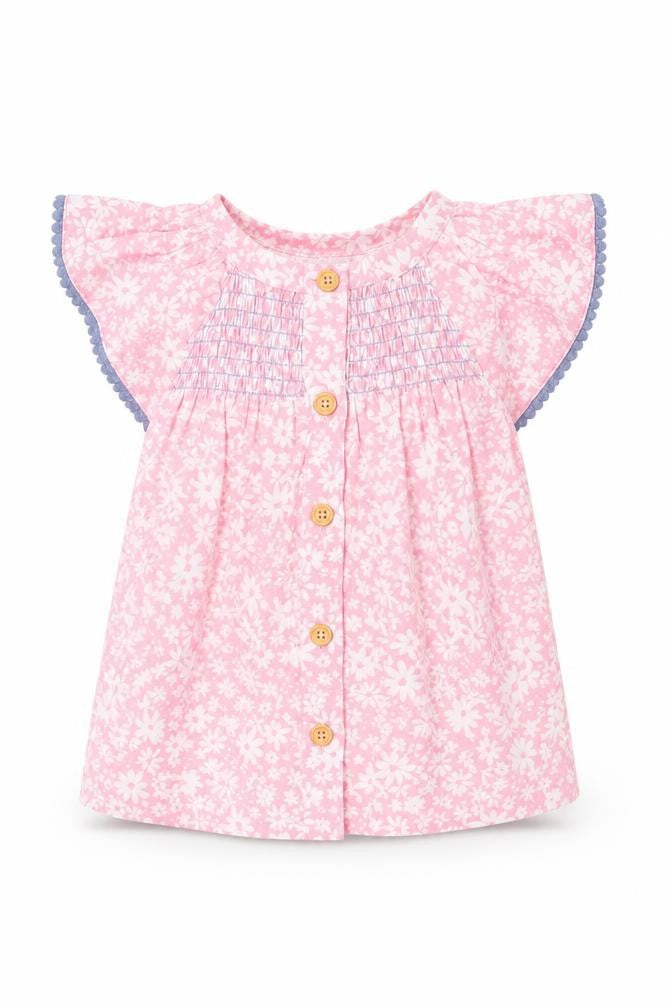 Penelope Mack Girls Pink Floral 100% Cotton Basic Blouse Size 2 Years Round Neck Button