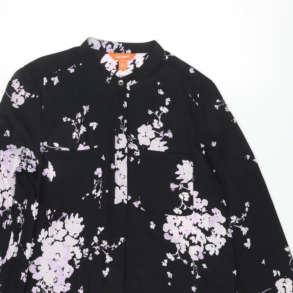 Joe Fresh Womens Black Floral Polyester Basic Blouse Size S Henley