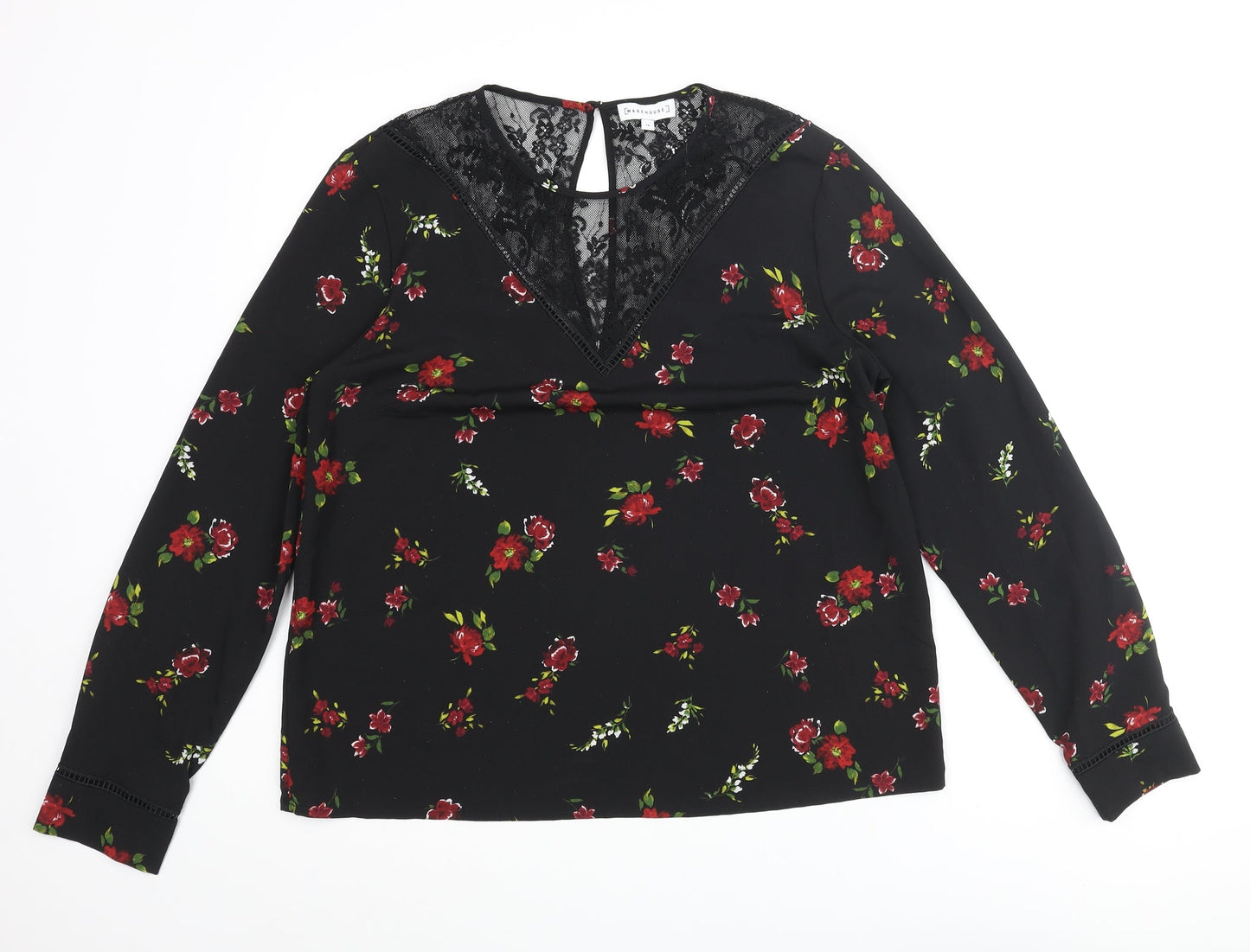Warehouse Womens Black Floral Polyester Basic Blouse Size 14 Round Neck - Lace