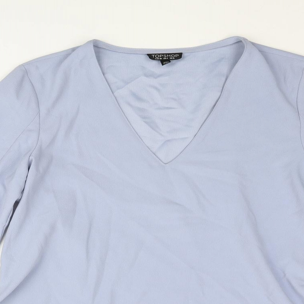 Topshop Womens Blue Polyester Basic Blouse Size 8 V-Neck - Vented Sleeve