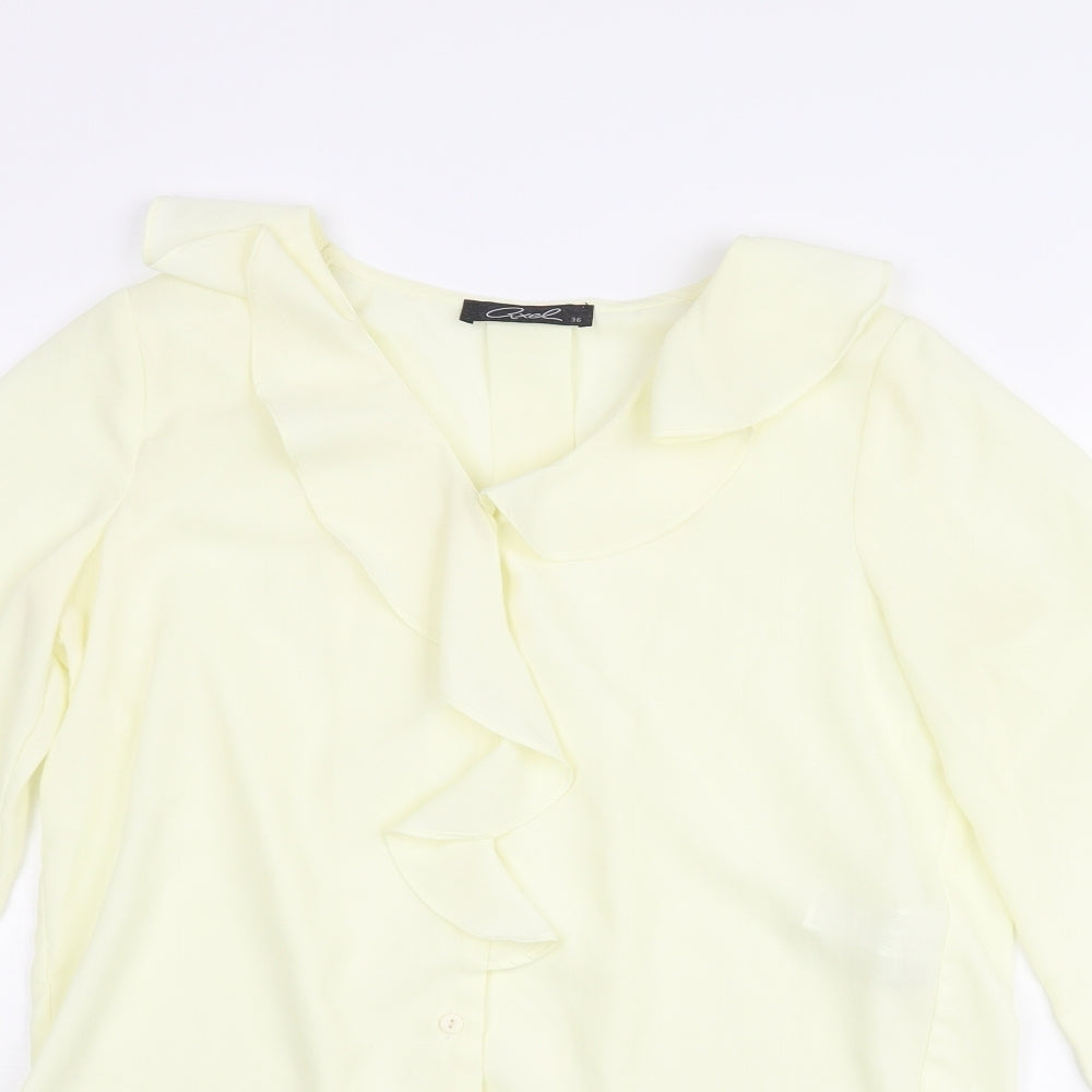 Axel Womens Yellow Polyester Basic Blouse Size 8 V-Neck - Frill