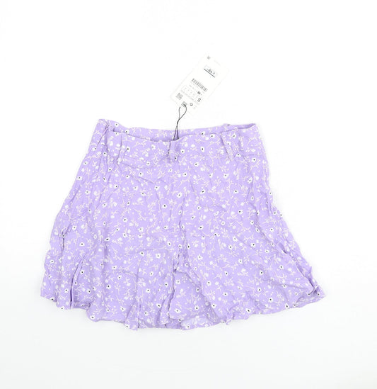 Zara Womens Purple Floral Viscose Flare Skirt Size S Zip