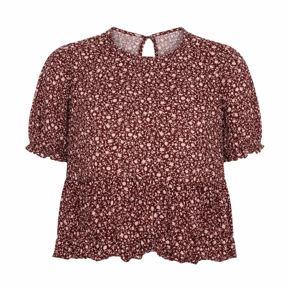 New London Womens Red Floral Viscose Cropped Blouse Size 14 Round Neck