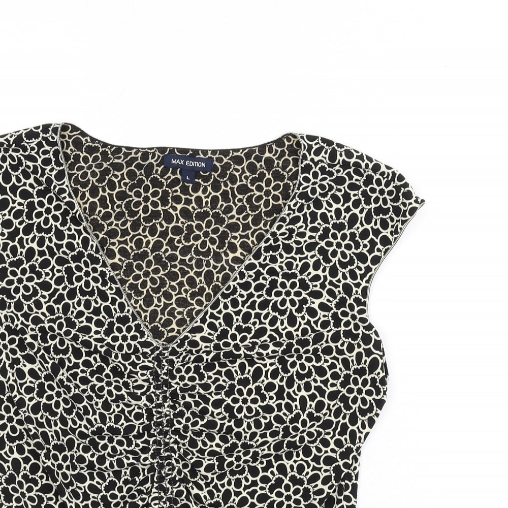 Max Edition Womens Black Floral Polyester Basic T-Shirt Size L V-Neck