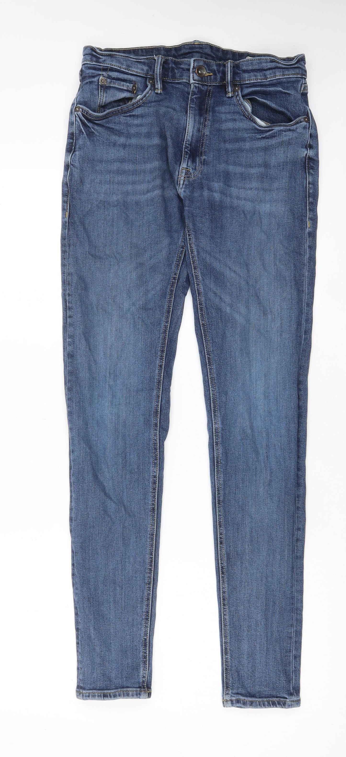 Marks and Spencer Mens Blue Cotton Skinny Jeans Size 30 in L33 in Regular Zip - Pockets, Belt Loops