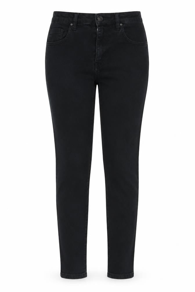 Front view of Toxik3 women’s black cotton skinny jeans, size UK 8, 29-inch leg regular zip - pockets, belt loops