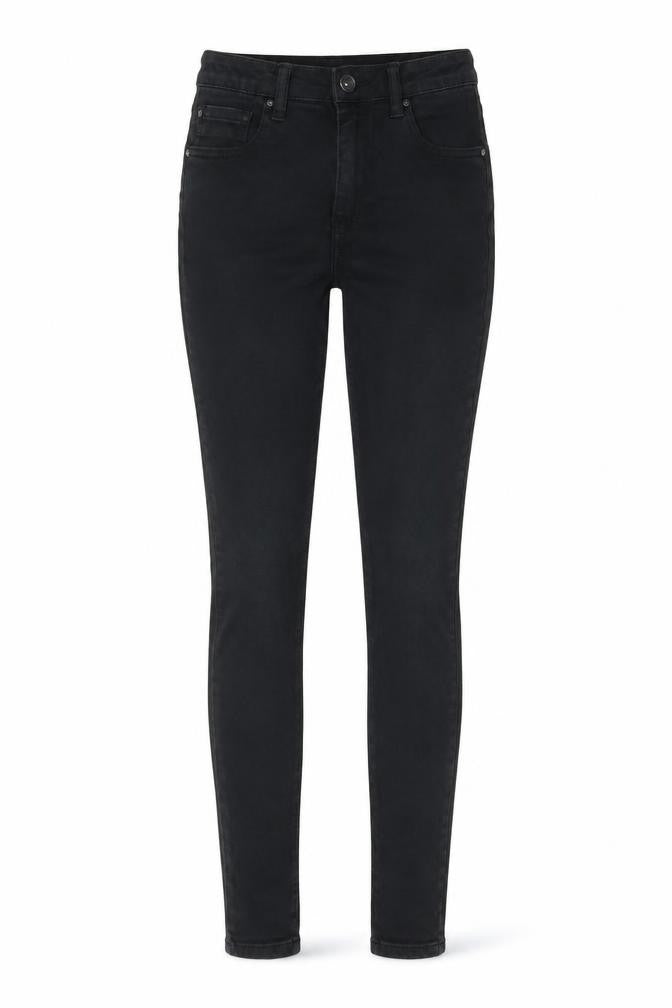 Front view of Toxik3 women’s black cotton skinny jeans, size UK 8, 29-inch leg regular zip - pockets, belt loops