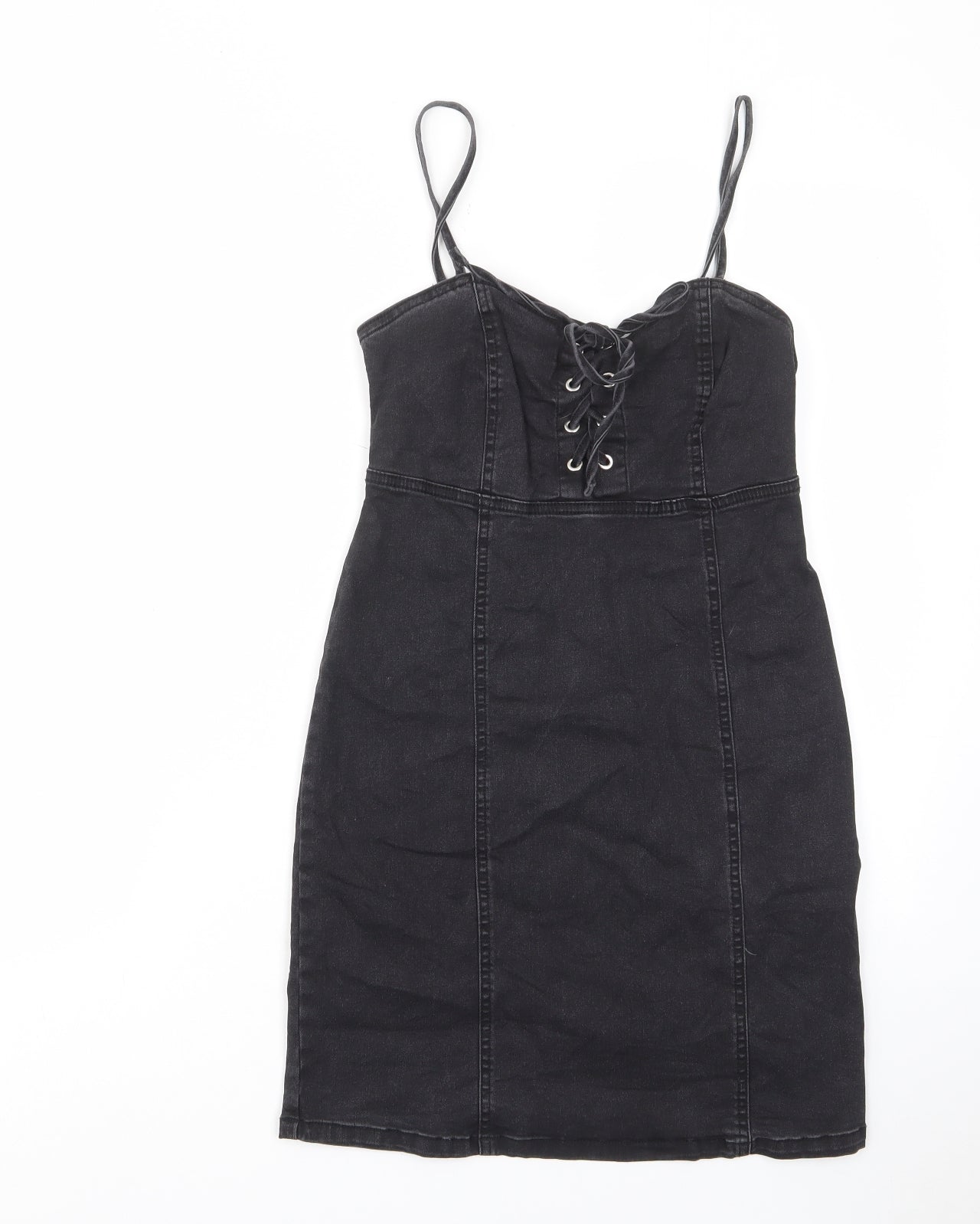 Denim & Co. Womens Black Cotton A-Line Size 8 Sweetheart Zip - Tie Front