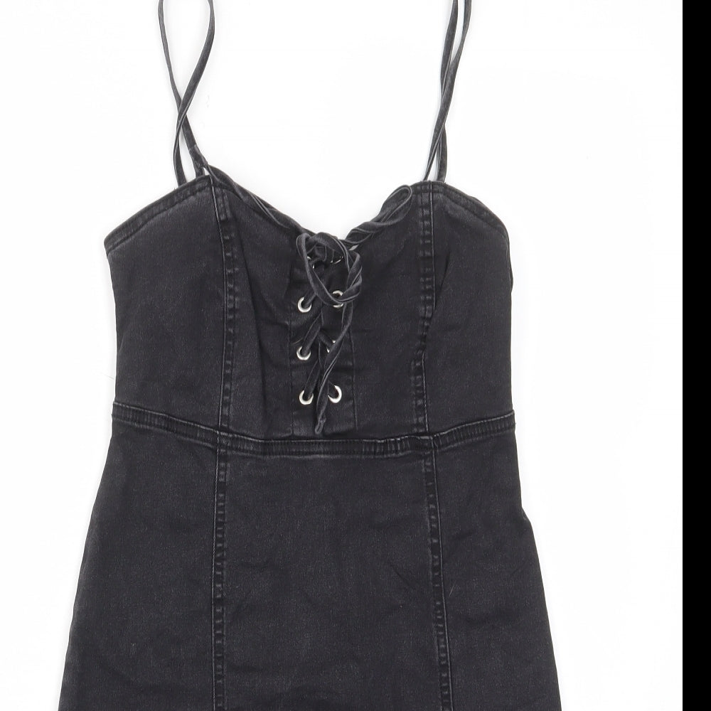 Denim & Co. Womens Black Cotton A-Line Size 8 Sweetheart Zip - Tie Front