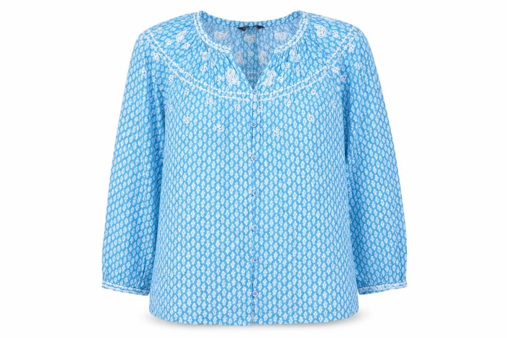 Marks and Spencer Womens Blue Geometric Cotton Basic Button-Up Size 8 V-Neck - Embroided