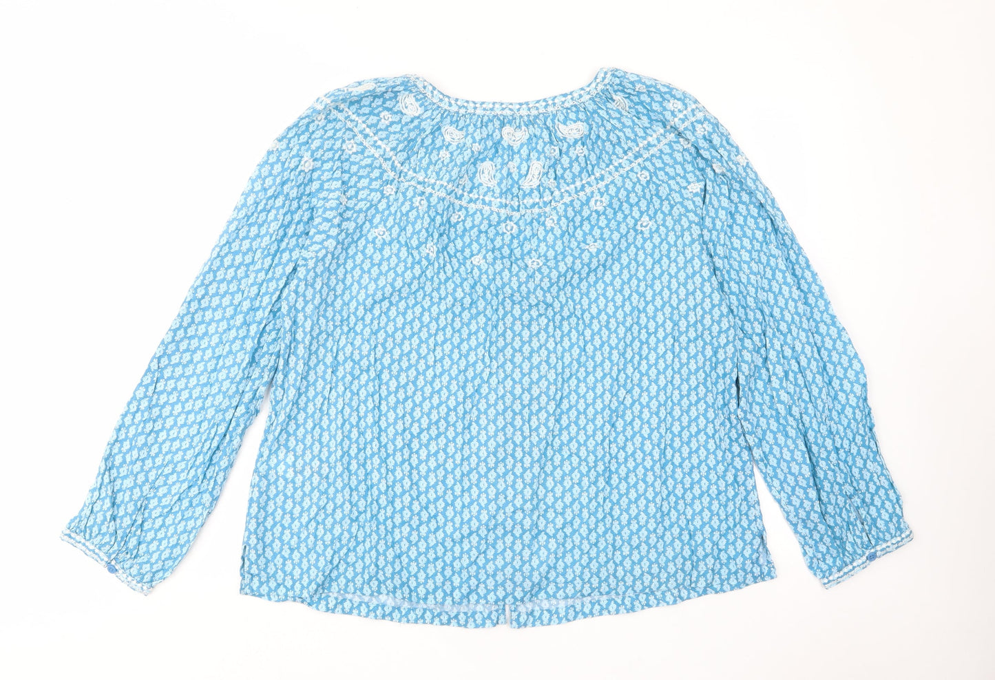 Marks and Spencer Womens Blue Geometric Cotton Basic Button-Up Size 8 V-Neck - Embroided