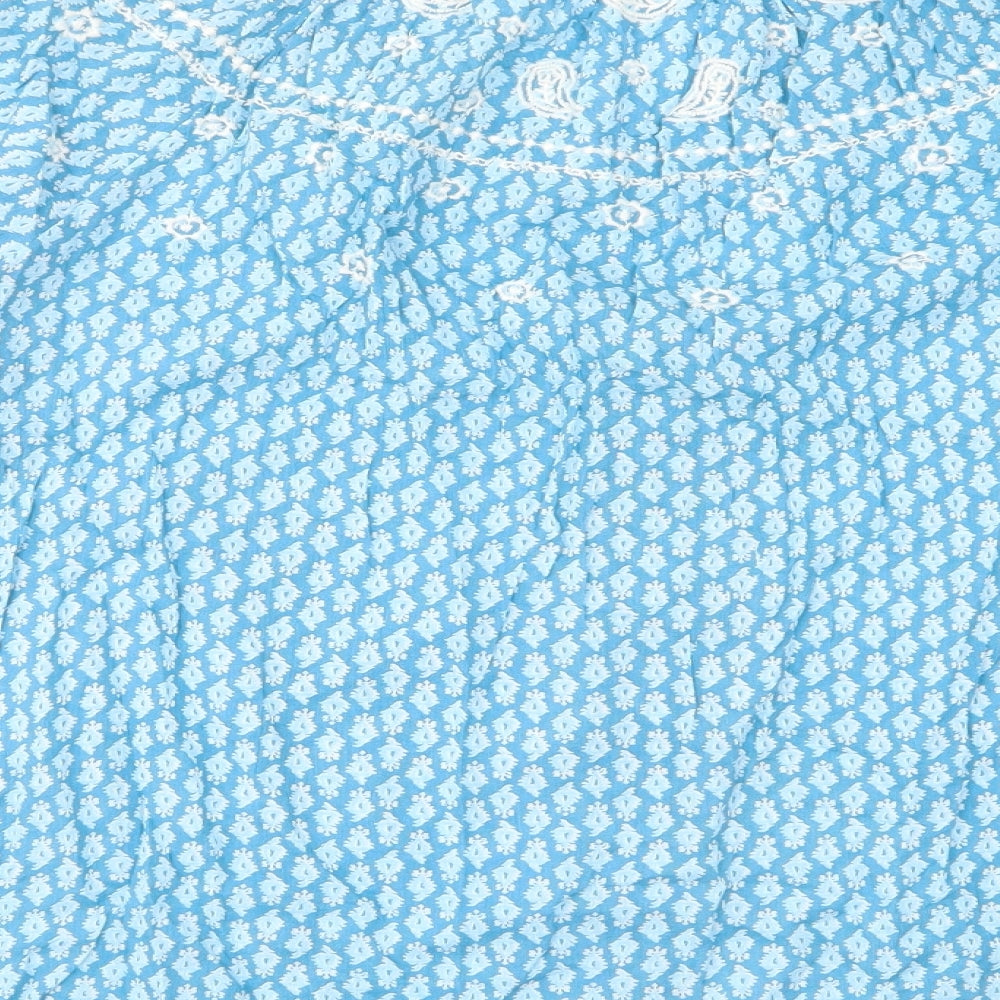 Marks and Spencer Womens Blue Geometric Cotton Basic Button-Up Size 8 V-Neck - Embroided