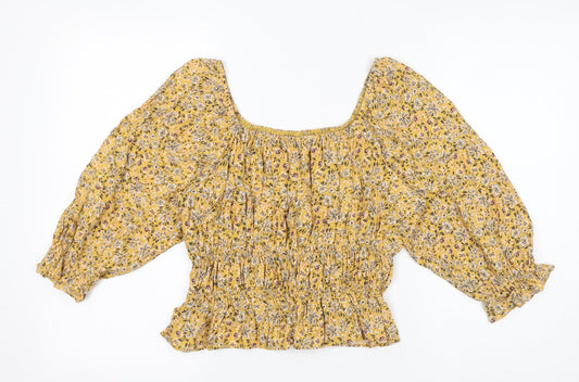Nobody's Child Womens Yellow Floral Viscose Cropped Blouse Size 12 Square Neck - Shirred Details