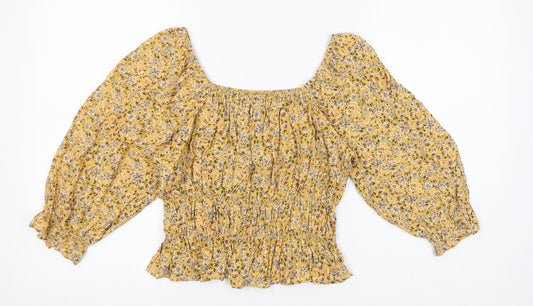 Nobody's Child Womens Yellow Floral Viscose Cropped Blouse Size 12 Square Neck - Shirred Details