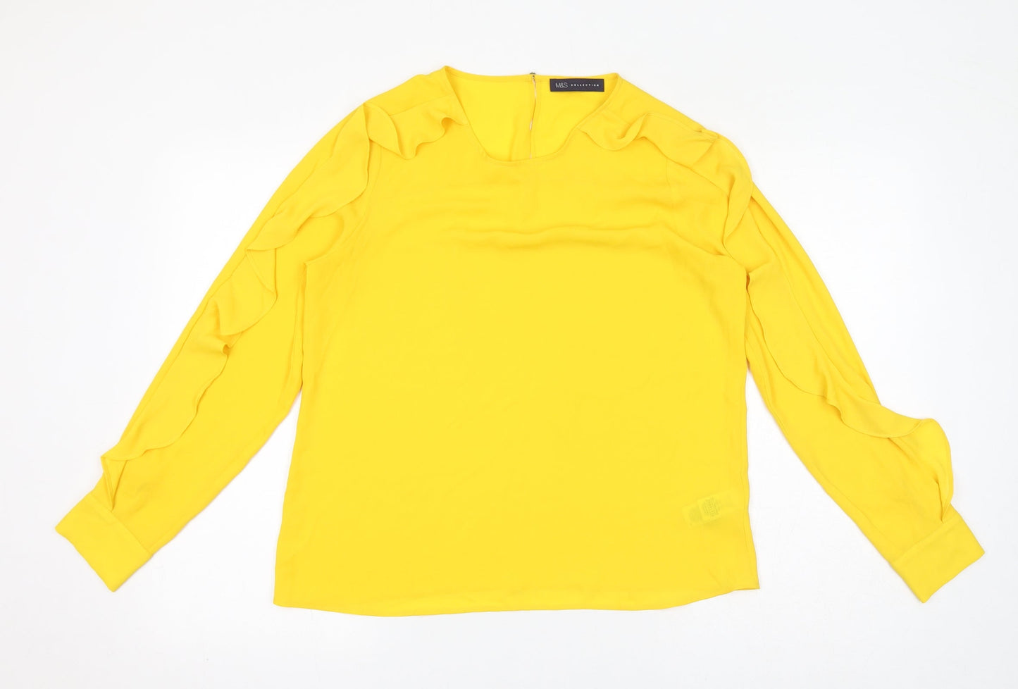 Marks and Spencer Womens Yellow Polyester Basic Blouse Size 12 Round Neck - Ruffles, Sheer