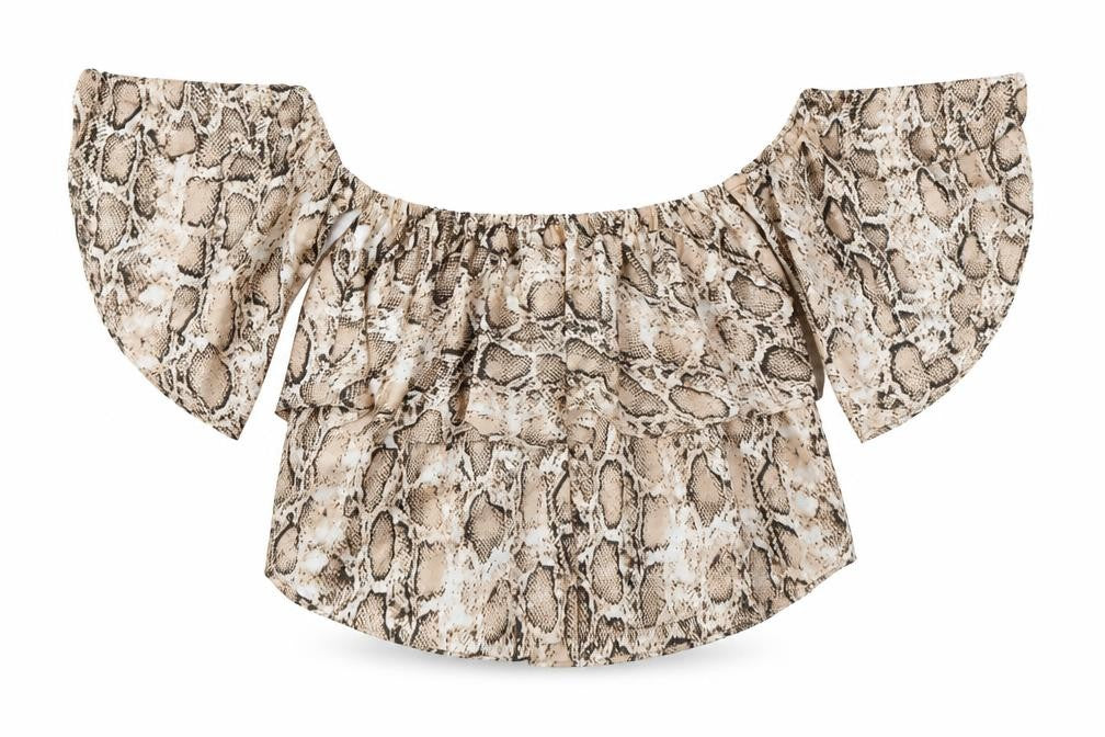 Boohoo Womens Brown Animal Print Polyester Basic Blouse Size 16 Off the Shoulder - Ruffles