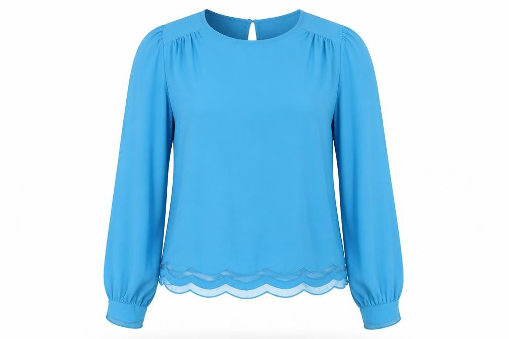 Front view of Miss Selfridge women’s blue polyester basic blouse, size UK 8, round neck - scallop edge