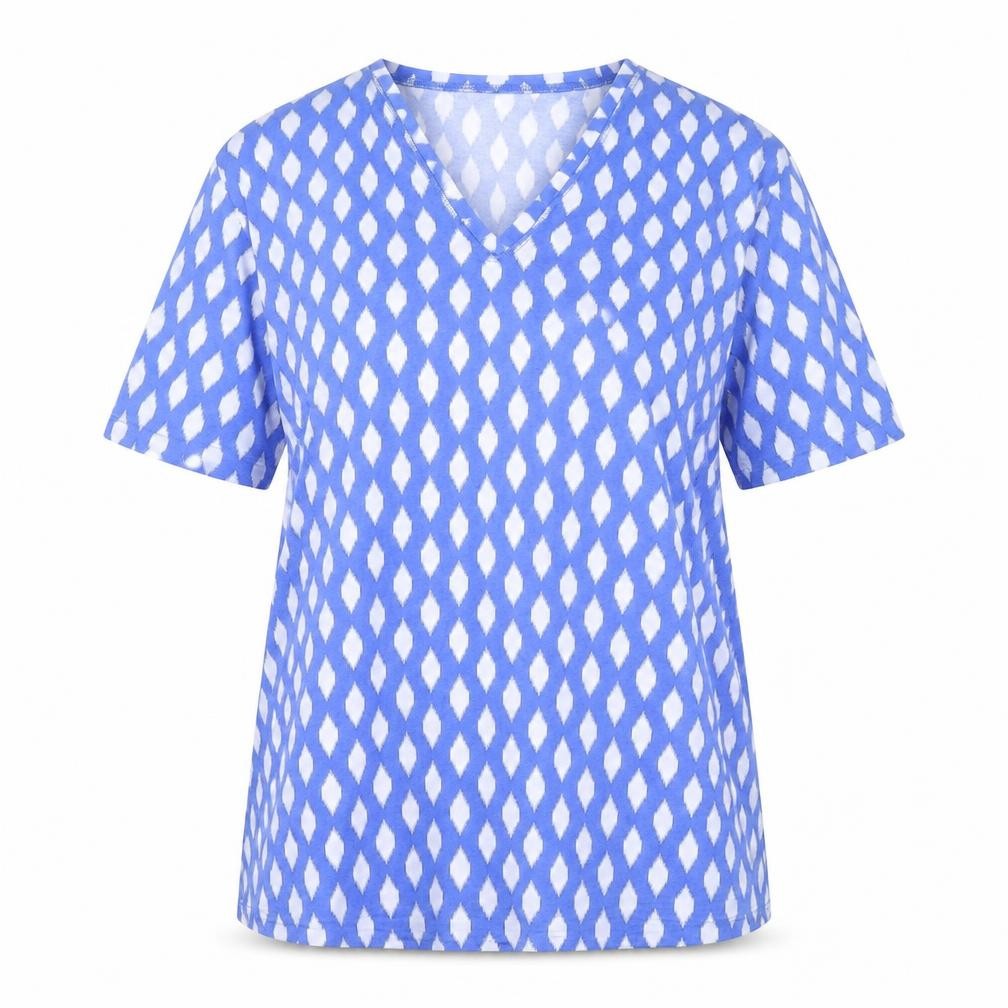 Marks and Spencer Womens Blue Geometric Polyester Basic T-Shirt Size 8 V-Neck