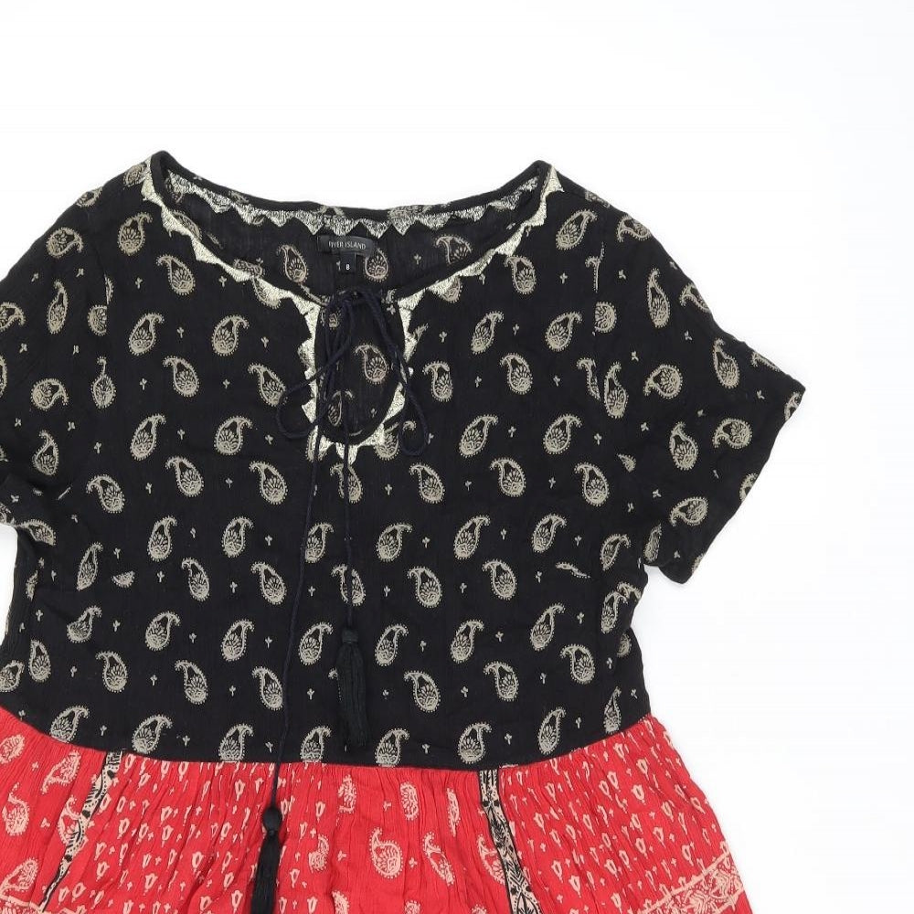 River Island Womens Black Paisley Cotton Jersey Blouse Size 8 Boat Neck