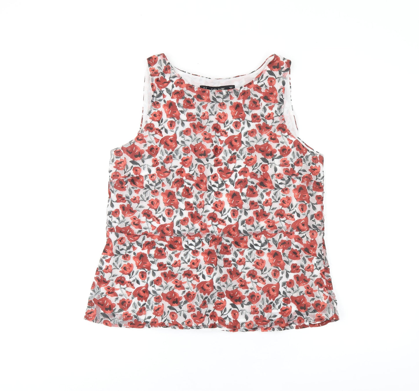 Zara Womens Red Floral Polyester Basic Blouse Size S Scoop Neck