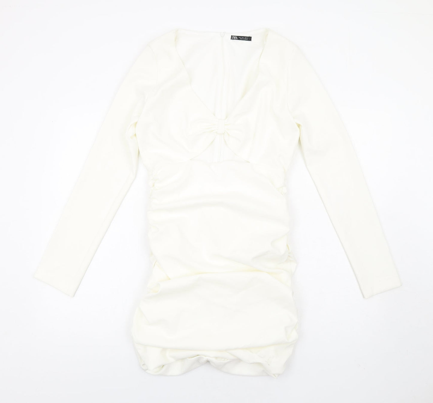 Zara Womens Ivory Polyester Bodycon Size L V-Neck Zip - Ruched