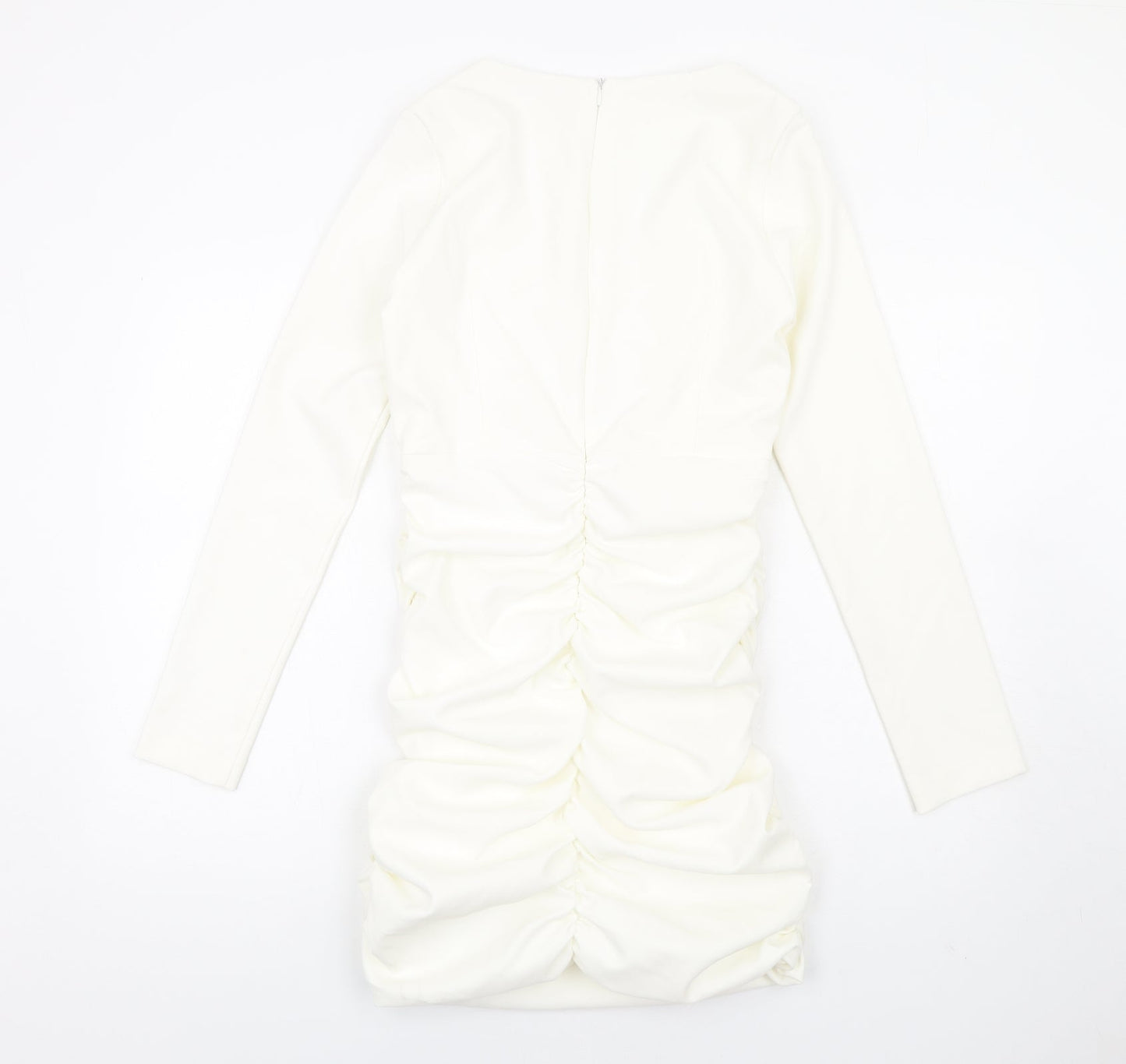 Zara Womens Ivory Polyester Bodycon Size L V-Neck Zip - Ruched