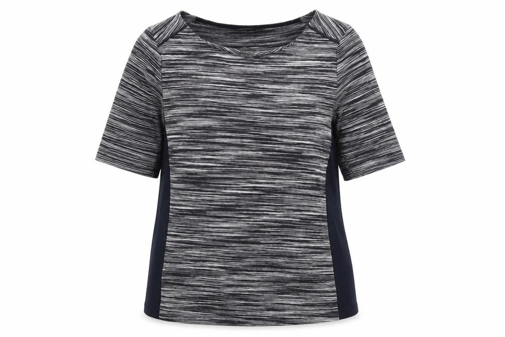 Front view of Autograph women’s blue viscose basic t-shirt, size UK 12, scoop neck