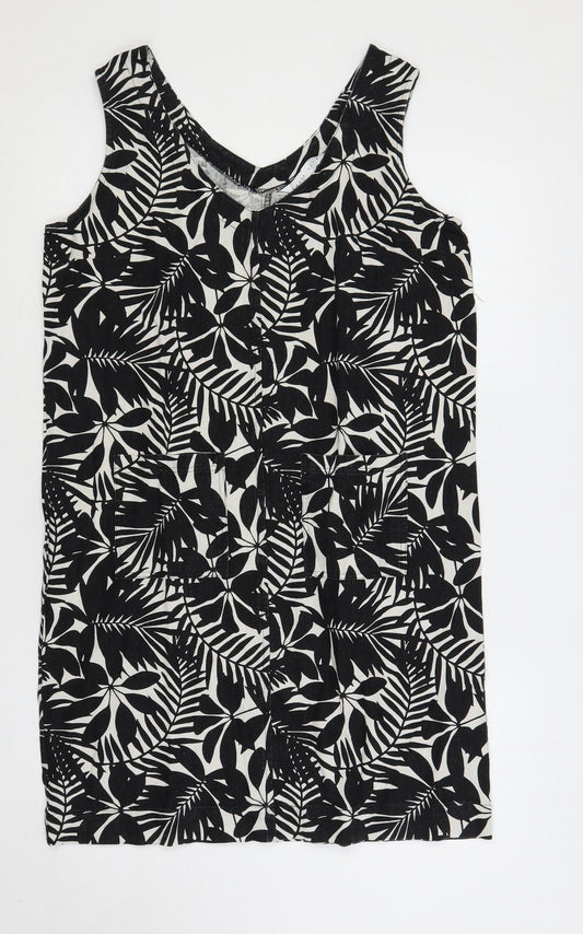 Amara Reya Womens Black Floral Linen Shift Size 12 V-Neck Pullover
