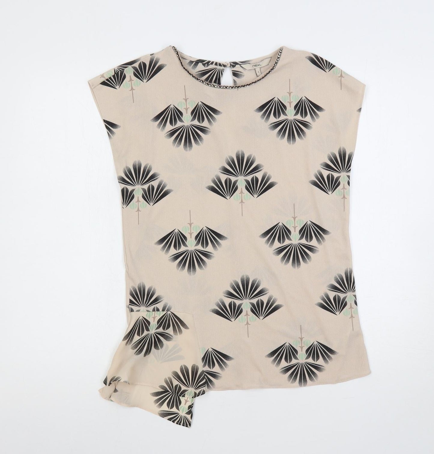 NEXT Womens Beige Geometric Polyester Basic Blouse Size 8 Round Neck - Embellished Neckline