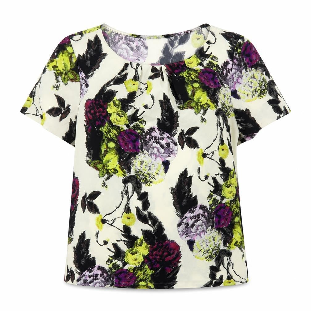 Front view of Betty Jackson women’s multicoloured floral polyester basic blouse, size UK 12, boat neck