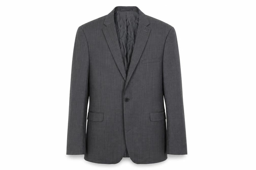 Front view of French Connection men’s grey striped wool jacket suit jacket, size 42, regular