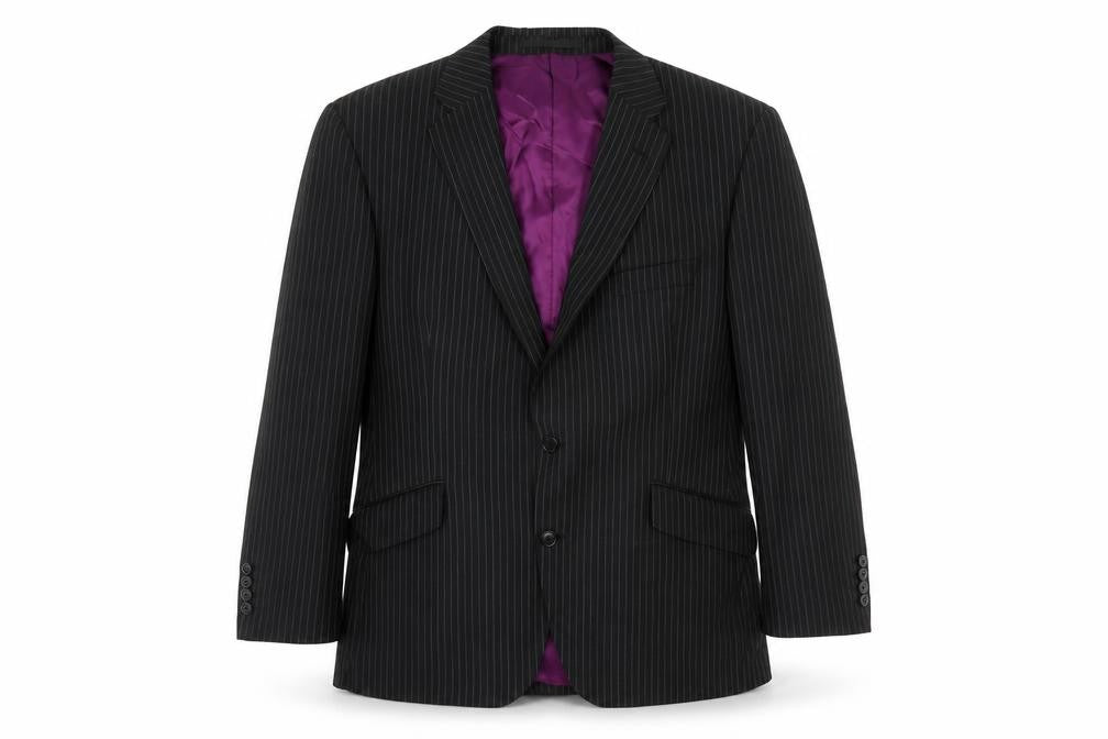 Front view of Autograph men’s black striped wool jacket suit jacket, size 44, regular