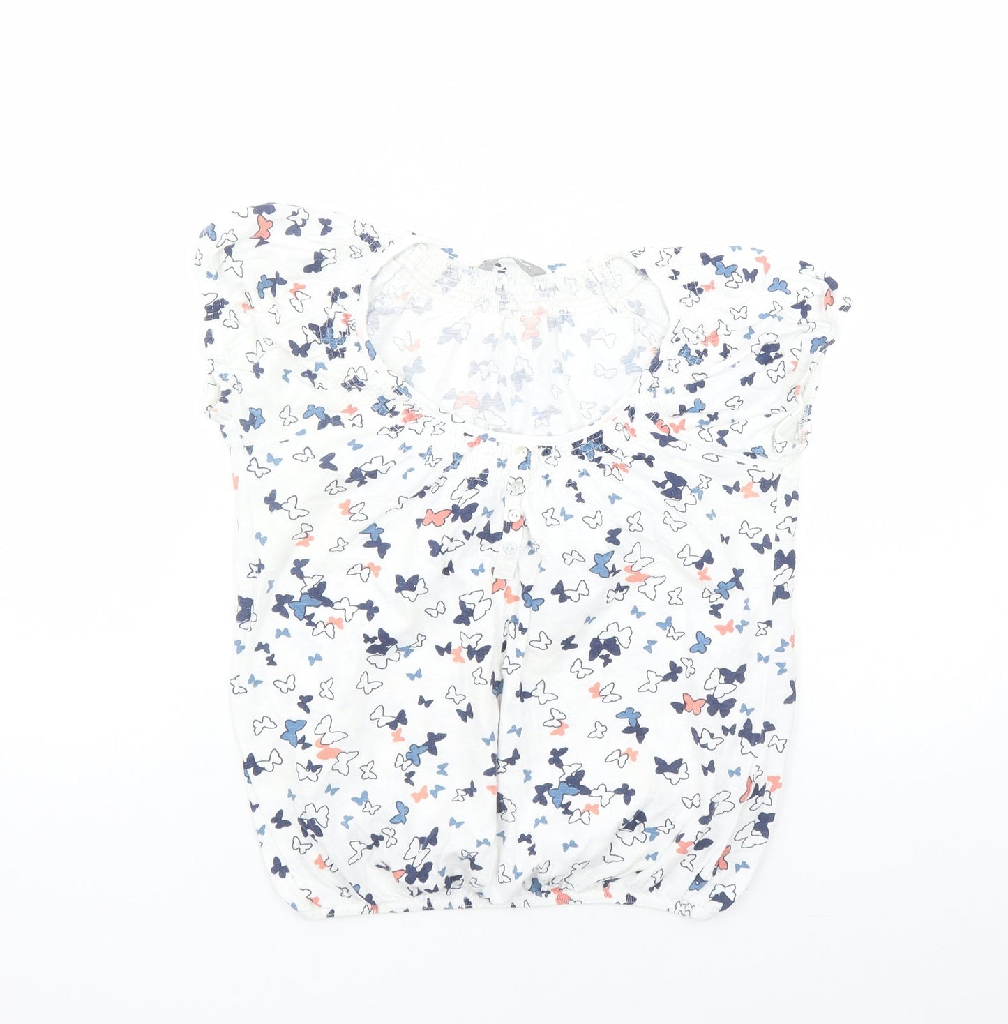 Marks and Spencer Womens White Geometric Cotton Basic T-Shirt Size 8 Round Neck - Butterfly Pattern