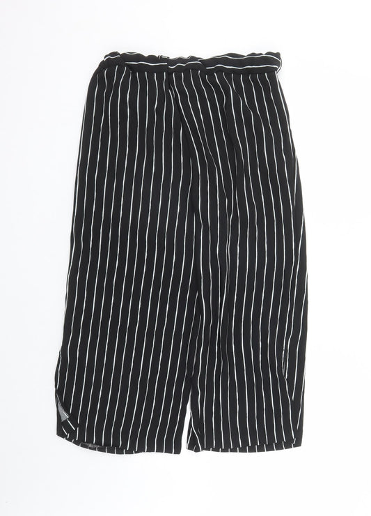 Marks and Spencer Womens Black Striped Polyester Cropped Trousers Size 10 L21 in Regular - Elasticated Waist