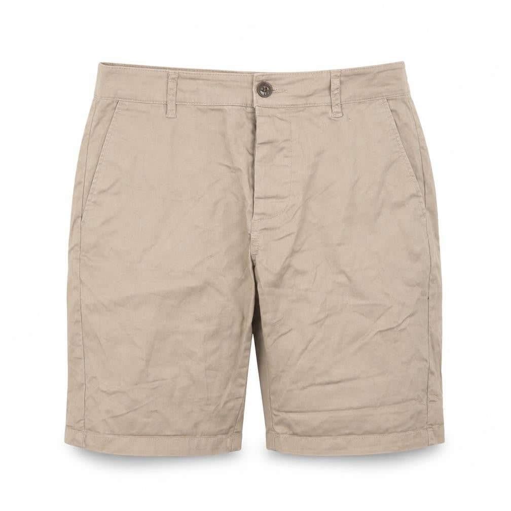Front view of ASOS men’s brown cotton bermuda shorts, size 28, in, 7-inch leg regular zip