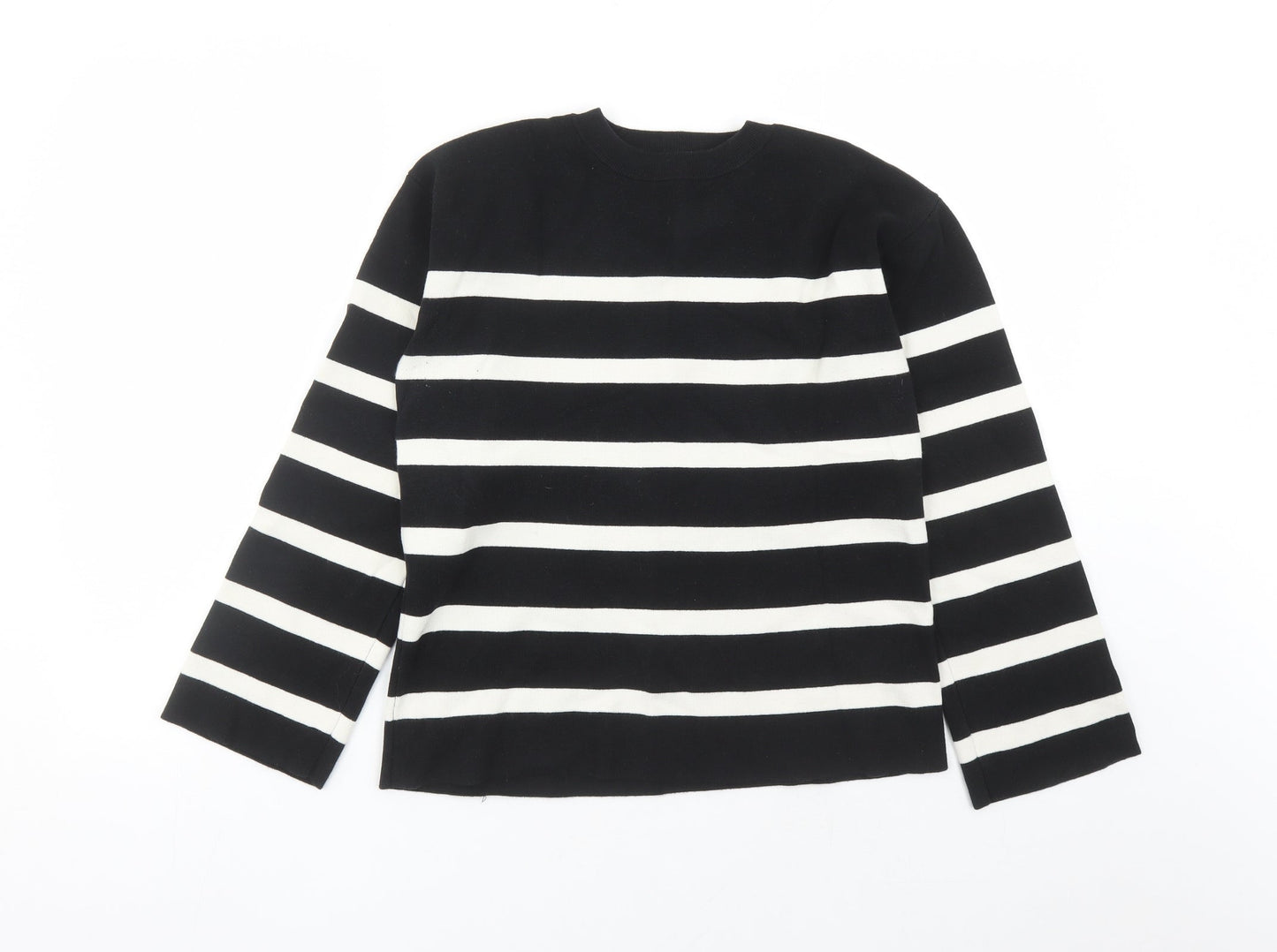 Marks and Spencer Womens Black Round Neck Striped Cotton Pullover Jumper Size M