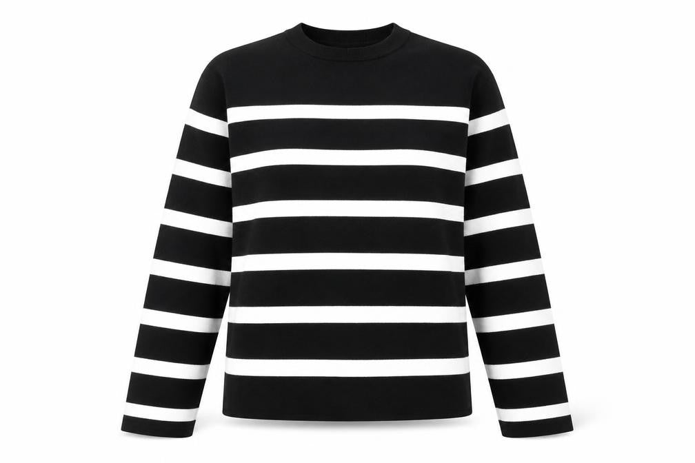 Marks and Spencer Womens Black Round Neck Striped Cotton Pullover Jumper Size M