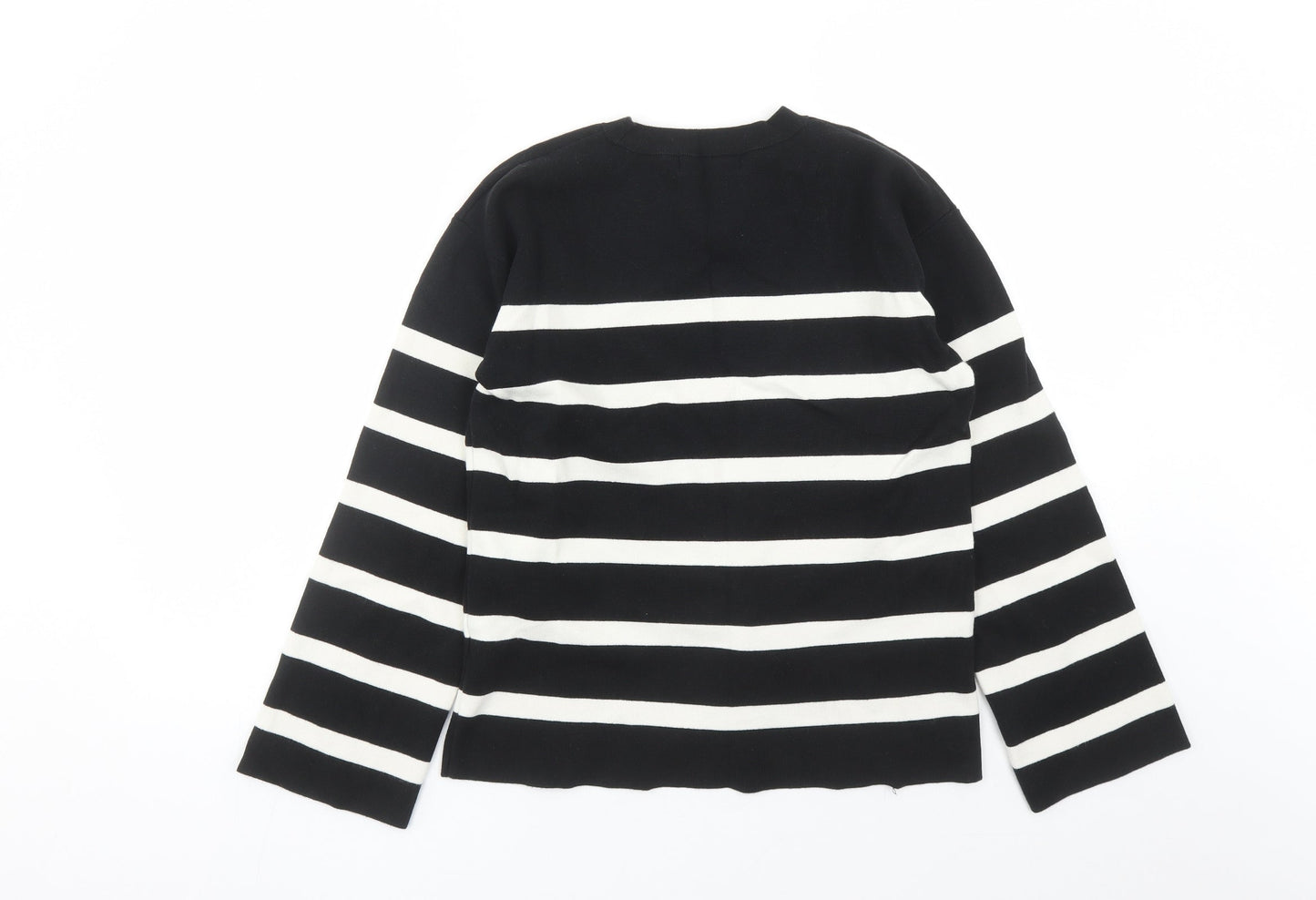 Marks and Spencer Womens Black Round Neck Striped Cotton Pullover Jumper Size M