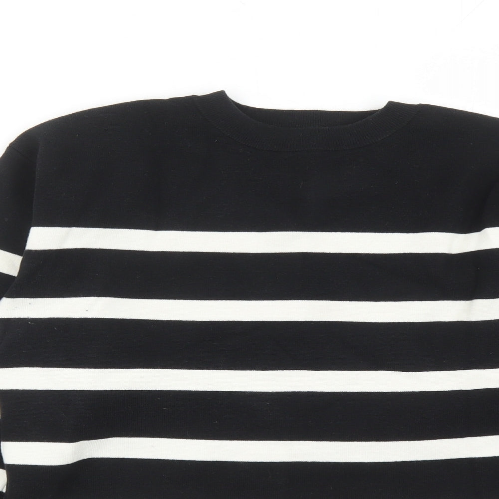 Marks and Spencer Womens Black Round Neck Striped Cotton Pullover Jumper Size M