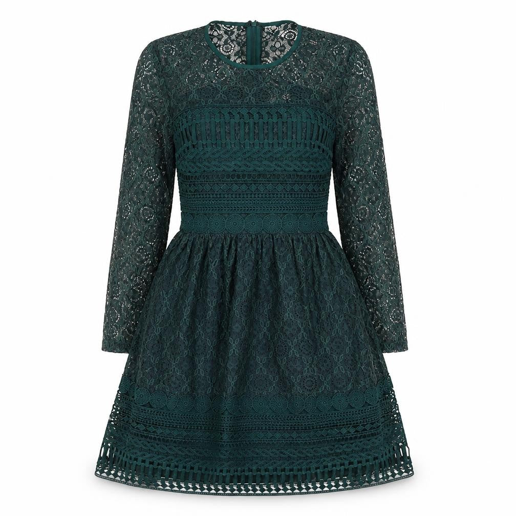 Front view of ASOS women’s green polyamide fit & flare, size UK 6, round neck zip