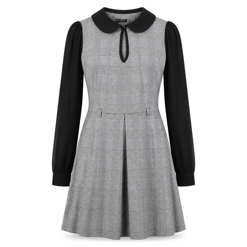 Front view of Miss Selfridge women’s black houndstooth polyester a-line, size UK 12, collared zip - keyhole cut out