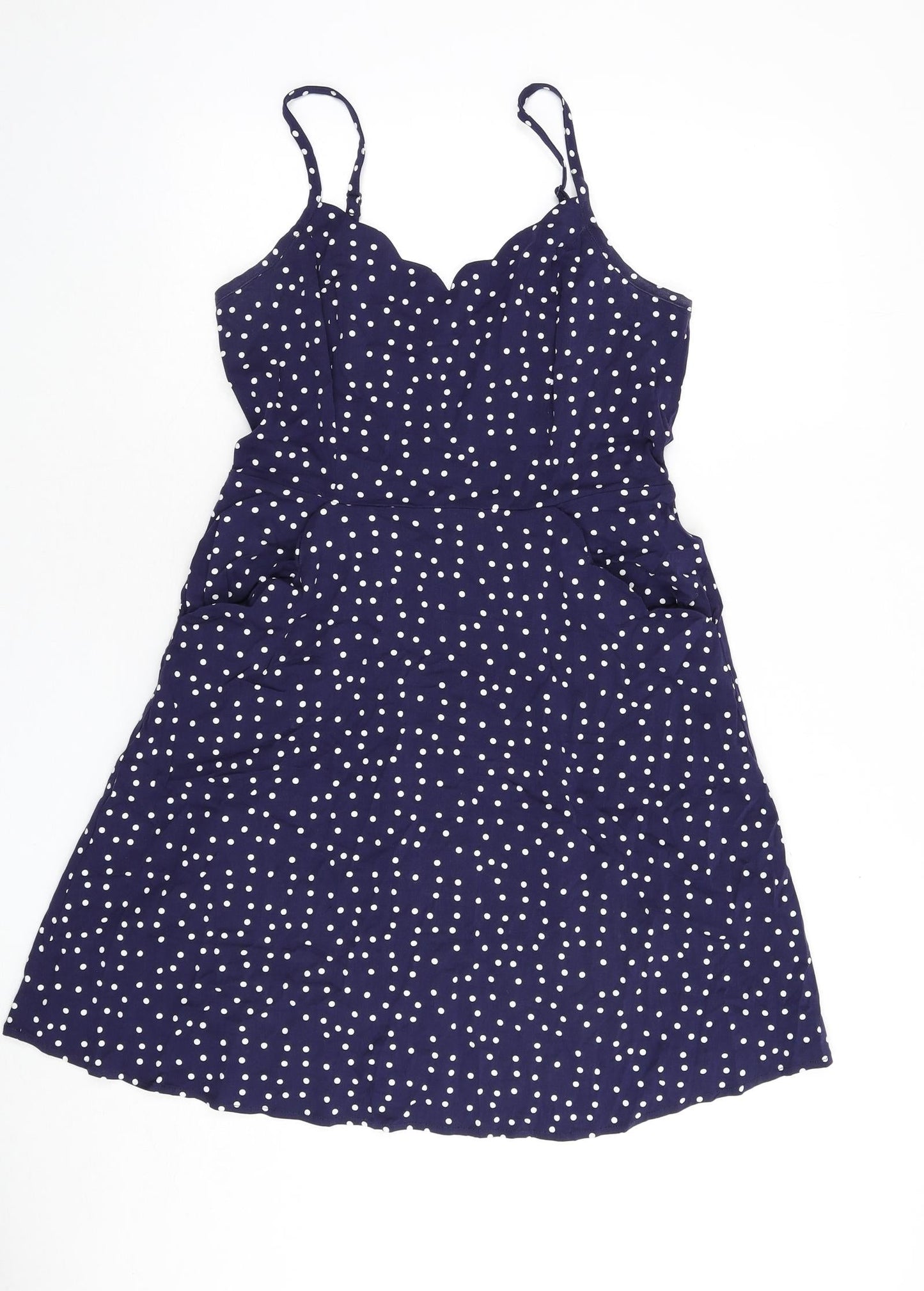&et Womens Blue Polka Dot Viscose A-Line Size M V-Neck Pullover - Scalloped Neck
