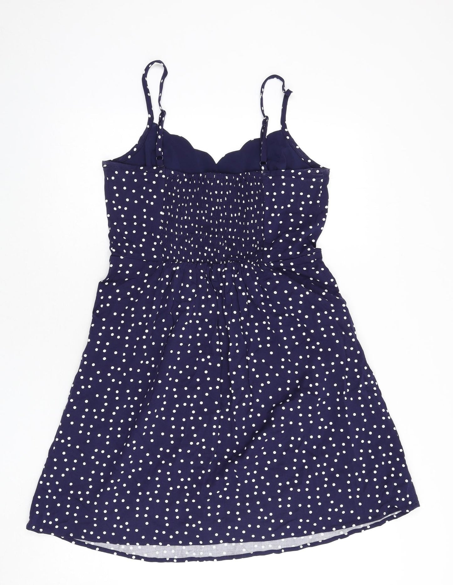 &et Womens Blue Polka Dot Viscose A-Line Size M V-Neck Pullover - Scalloped Neck