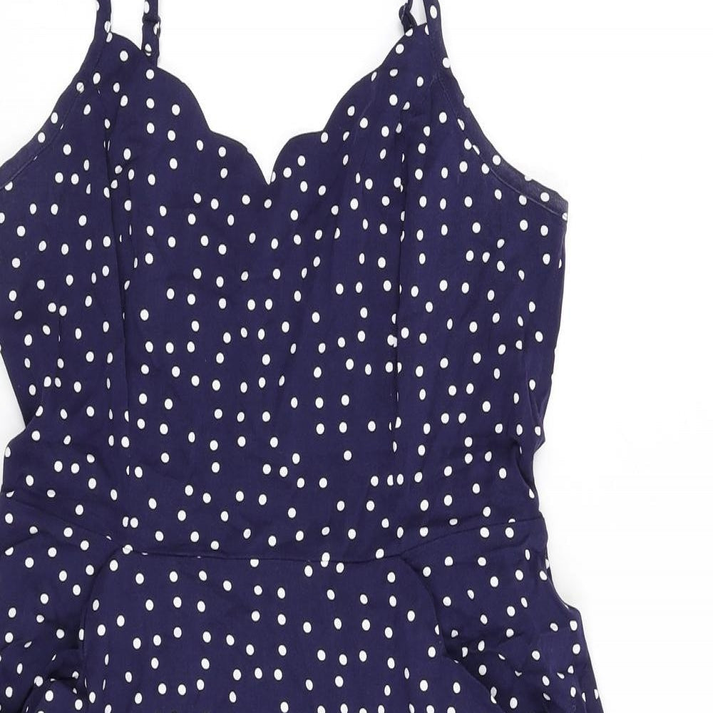&et Womens Blue Polka Dot Viscose A-Line Size M V-Neck Pullover - Scalloped Neck