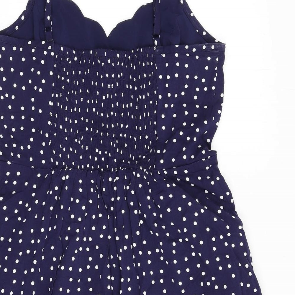 &et Womens Blue Polka Dot Viscose A-Line Size M V-Neck Pullover - Scalloped Neck